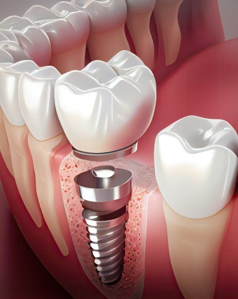 Animated dental implant with dental crown in lower jaw