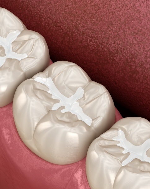 Close up of animated row of teeth with tooth colored fillings