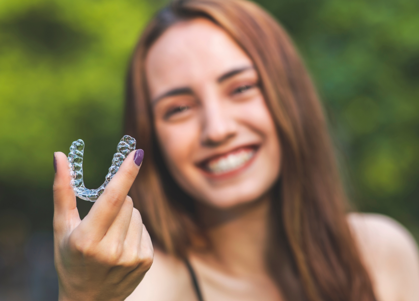 Woman holding Invisalign clear aligner up to camera